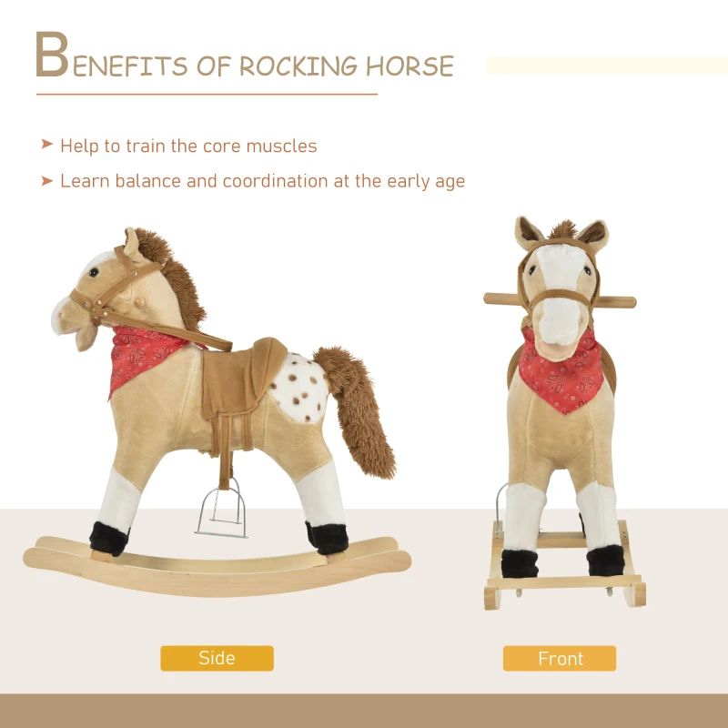 Qaba Kids Plush Rocking Horse - Beige Cowboy Rocker with Realistic Sounds, Fun & Safe Ride-on Toy for Toddlers