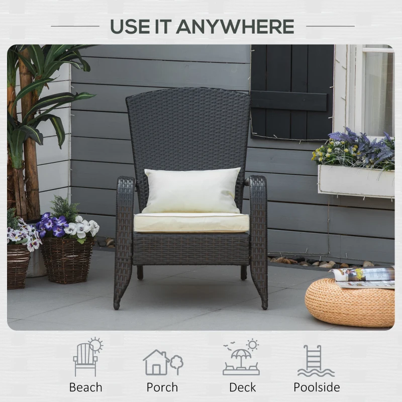 Outsunny Patio Wicker Adirondack Chair, Outdoor All-Weather Rattan Fire Pit Chair w/ Soft Cushions, Tall Curved Backrest and Comfortable Armrests for Deck or Garden, Cream White and Black