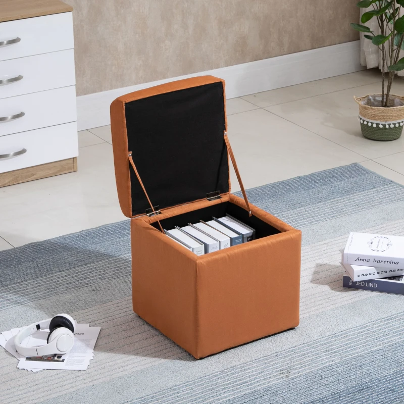 HOMCOM 16" Microfiber Upholstered Cube Storage Ottoman Footrest Seat with Hinged Lid - Brown