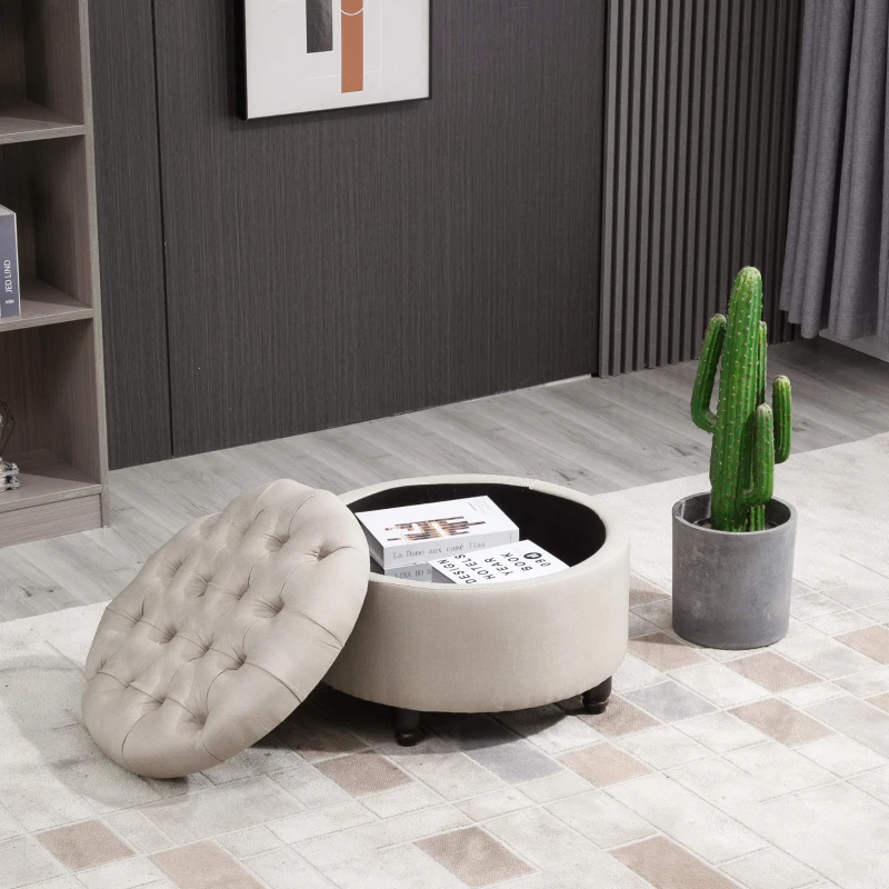 HOMCOM Round Linen-touch Fabric Storage Footstool Ottoman Button Tufted Footrest with Removable Lid, Beige
