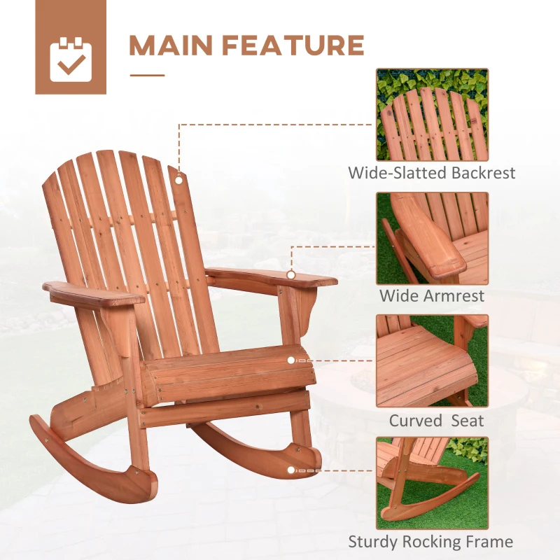 Outsunny Adirondack Rocking Chair, with Slatted Wooden Design, Fanned Back, Ergonomic Armrests, & Classic Rustic Style, For Porch, Patio, Backyard, Teak