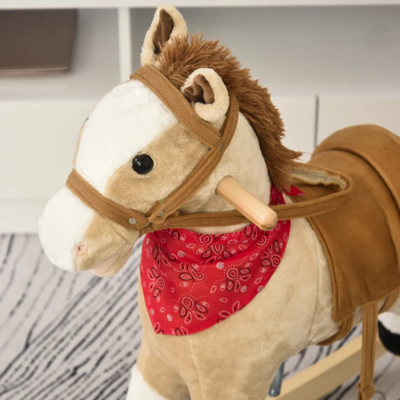 Qaba Kids Plush Rocking Horse - Beige Cowboy Rocker with Realistic Sounds, Fun & Safe Ride-on Toy for Toddlers