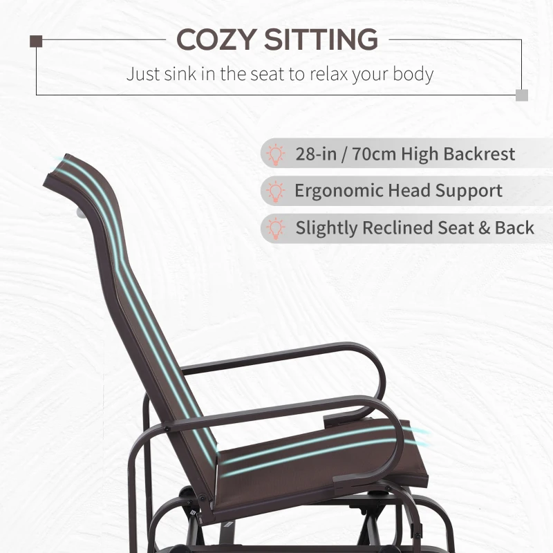 Outsunny 1-Person Outdoor Glider Swing, Single Rocker, Ergonomic Head Support, with Lightweight Metal & Mesh Construction, Supports Up to 352 lbs., for Backyard, Garden, Porch, Brown