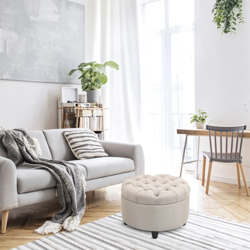 HOMCOM Round Linen-touch Fabric Storage Footstool Ottoman Button Tufted Footrest with Removable Lid, Beige