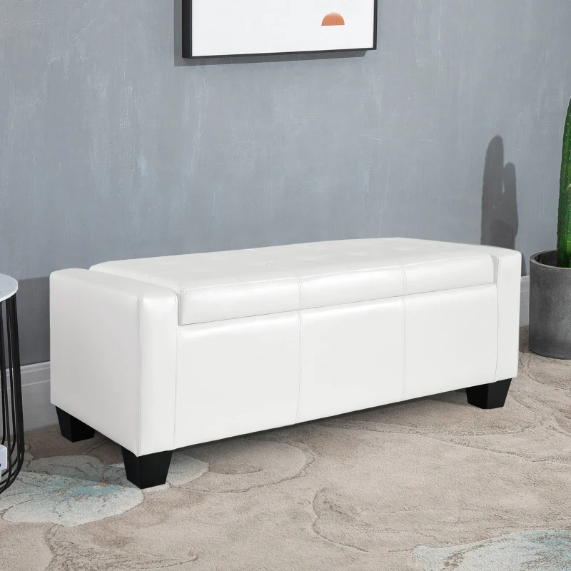 HOMCOM 50.5" Faux Leather Rectangular Tufted Storage Ottoman for Living Room, Entryway, or Bedroom, White