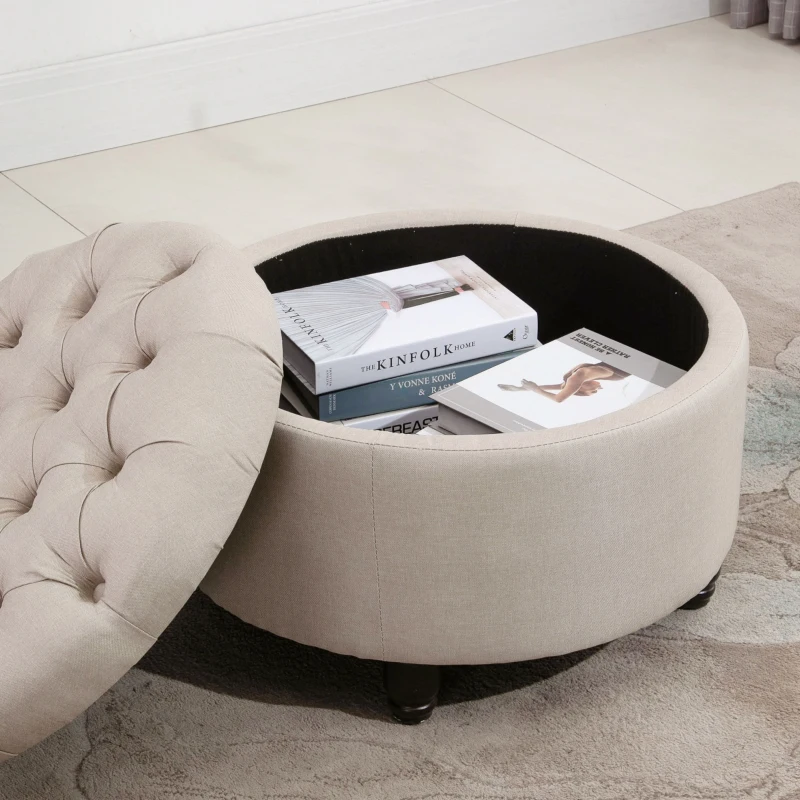 HOMCOM Round Linen-touch Fabric Storage Footstool Ottoman Button Tufted Footrest with Removable Lid, Beige