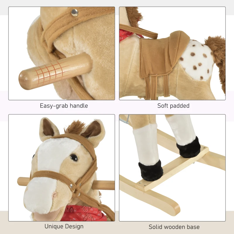 Qaba Kids Plush Rocking Horse - Beige Cowboy Rocker with Realistic Sounds, Fun & Safe Ride-on Toy for Toddlers
