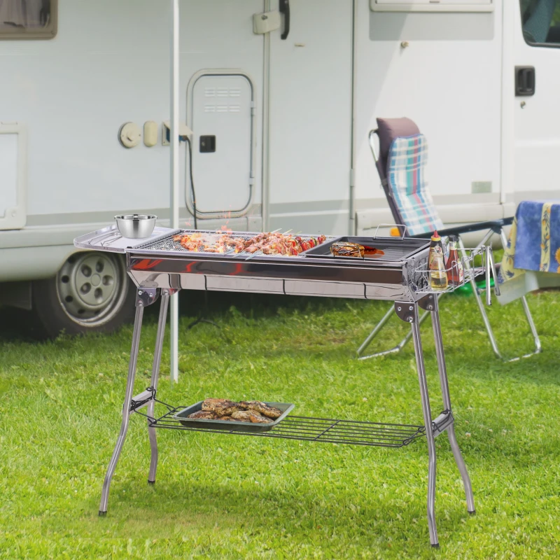 Outsunny 41" Foldable Charcoal Grill Camp BBQ Picnic Cooker Stainless Steel Barbecue Smoker Seasoning Plate Outdoor Backyard Cooking with Storage Shelf