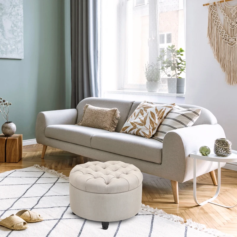 HOMCOM Round Linen-touch Fabric Storage Footstool Ottoman Button Tufted Footrest with Removable Lid, Beige