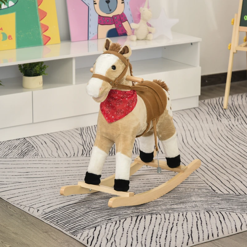 Qaba Kids Plush Rocking Horse - Beige Cowboy Rocker with Realistic Sounds, Fun & Safe Ride-on Toy for Toddlers