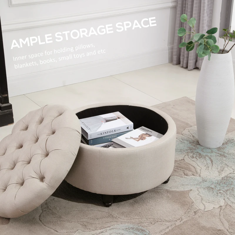 HOMCOM Round Linen-touch Fabric Storage Footstool Ottoman Button Tufted Footrest with Removable Lid, Beige