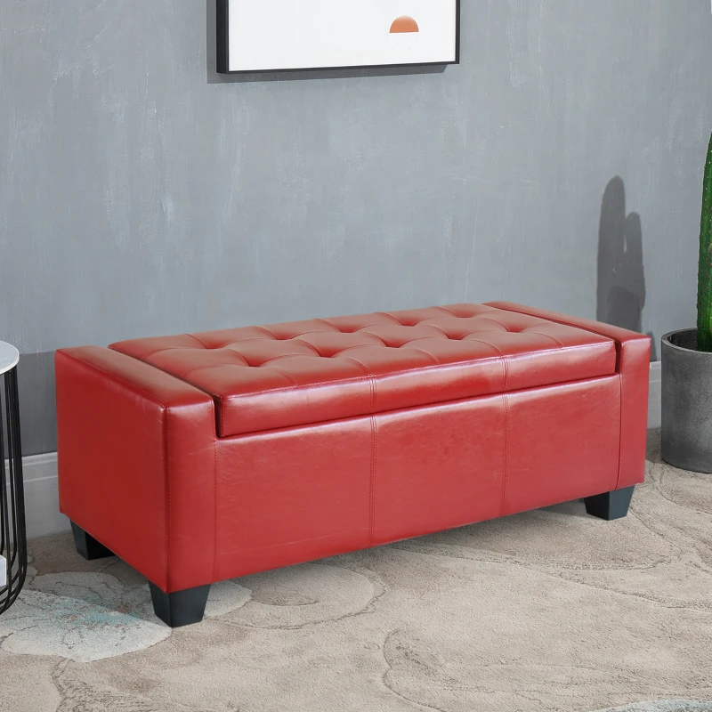 HOMCOM 50.5" Faux Leather Rectangular Tufted Storage Ottoman, Bright Red