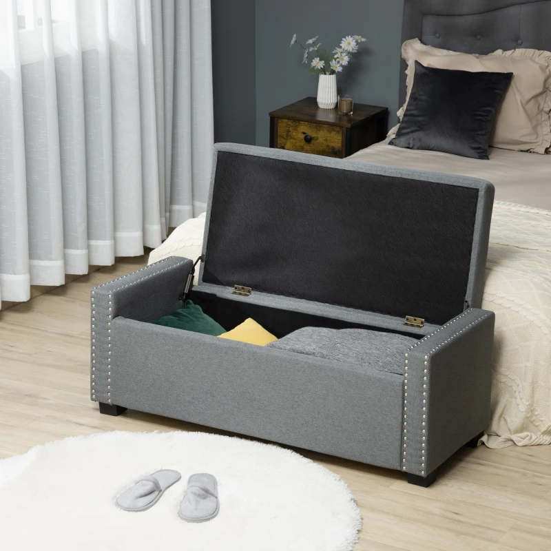 HOMCOM Nailhead Trim Upholstered Flip Top Storage Bench, Fabric Ottoman for Bedroom, or Living room, Light Grey