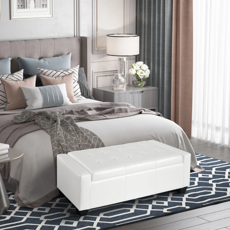 HOMCOM 50.5" Faux Leather Rectangular Tufted Storage Ottoman for Living Room, Entryway, or Bedroom, White