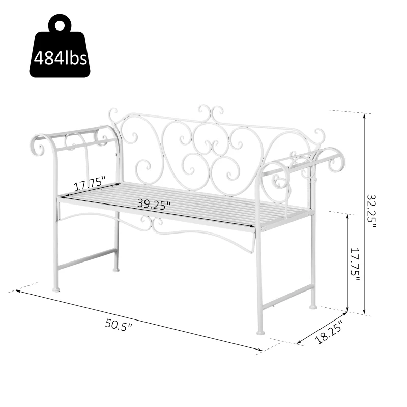 Outsunny 50" 2-Person Metal Garden Bench Outdoor Loveseat Yard Decorative Chair Park Seat Patio Furniture White