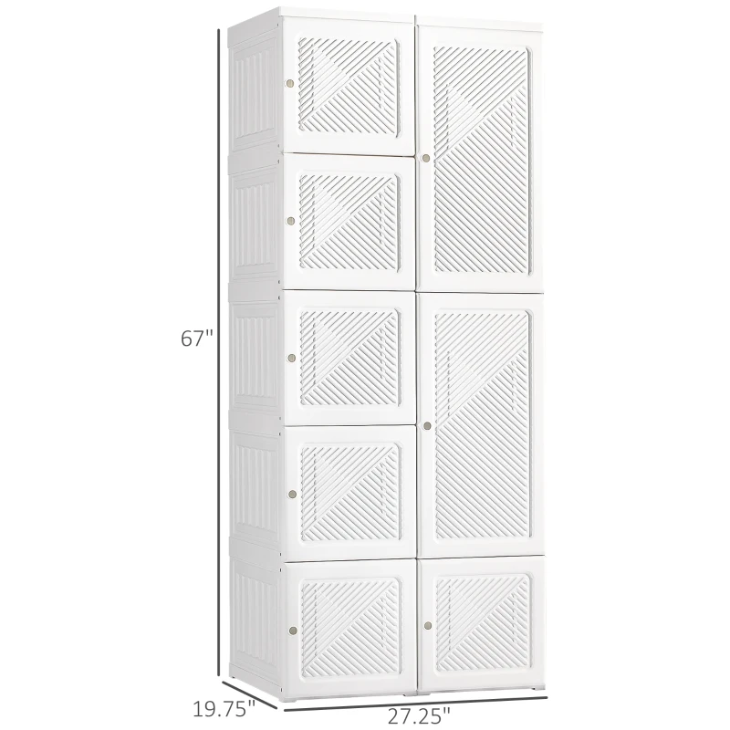 HOMCOM Portable Wardrobe Closet, Folding Bedroom Armoire, Clothes Storage Organizer with Cube Compartments, Hanging Rod, Magnet Doors, White