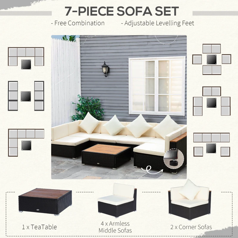 Outsunny 7-Piece Patio Furniture Sets PE Rattan Sectional Sofa Set Outdoor Conversation Set w/ Acacia Top Coffee Table & Cushion for Garden, Backyard, Beige