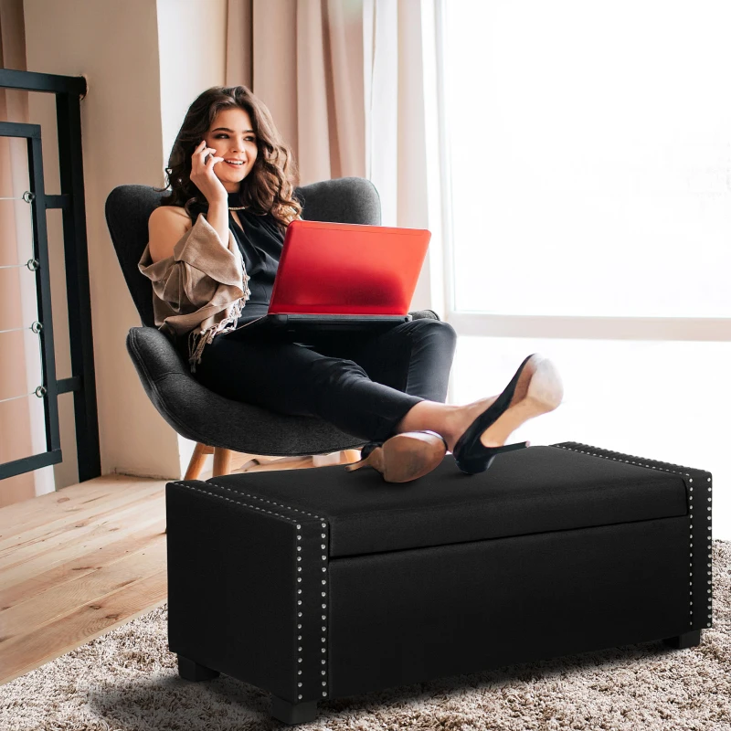 HOMCOM Nailhead Trim Upholstered Flip Top Storage Bench, Fabric Ottoman for Bedroom, or Living room, Dark Grey