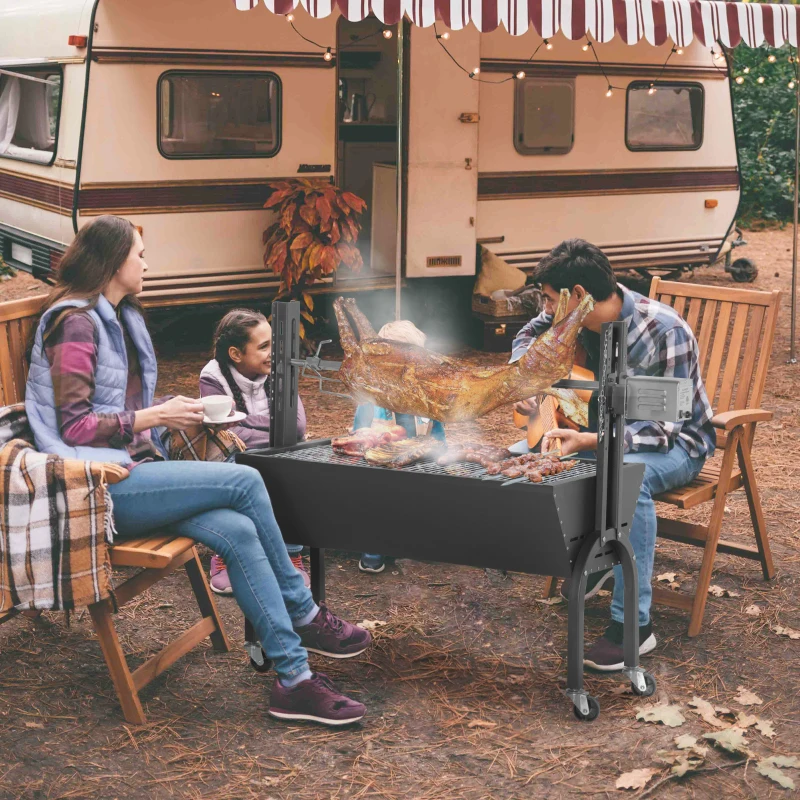 Outsunny Backyard Charcoal BBQ Grill & Smoker Combo Automatic Charcoal BBQ Rotisserie Grill 110lbs Lamb Hog Spit Roaster