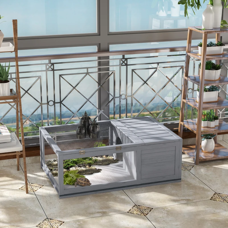 PawHut Wooden Reptile Cage with 3 Windows Slide-out Tray for Turtles, Lizards, Snakes