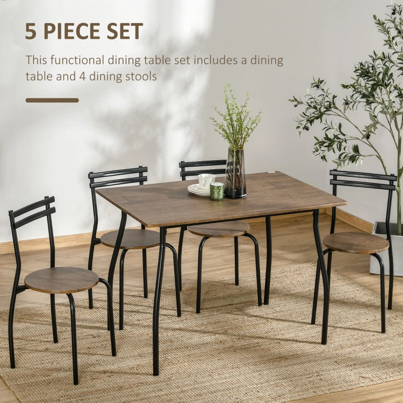 HOMCOM Industrial Dining Table Set for 4, Kitchen Table with 4 Chairs Steel Frame for Small Space, Dark Walnut