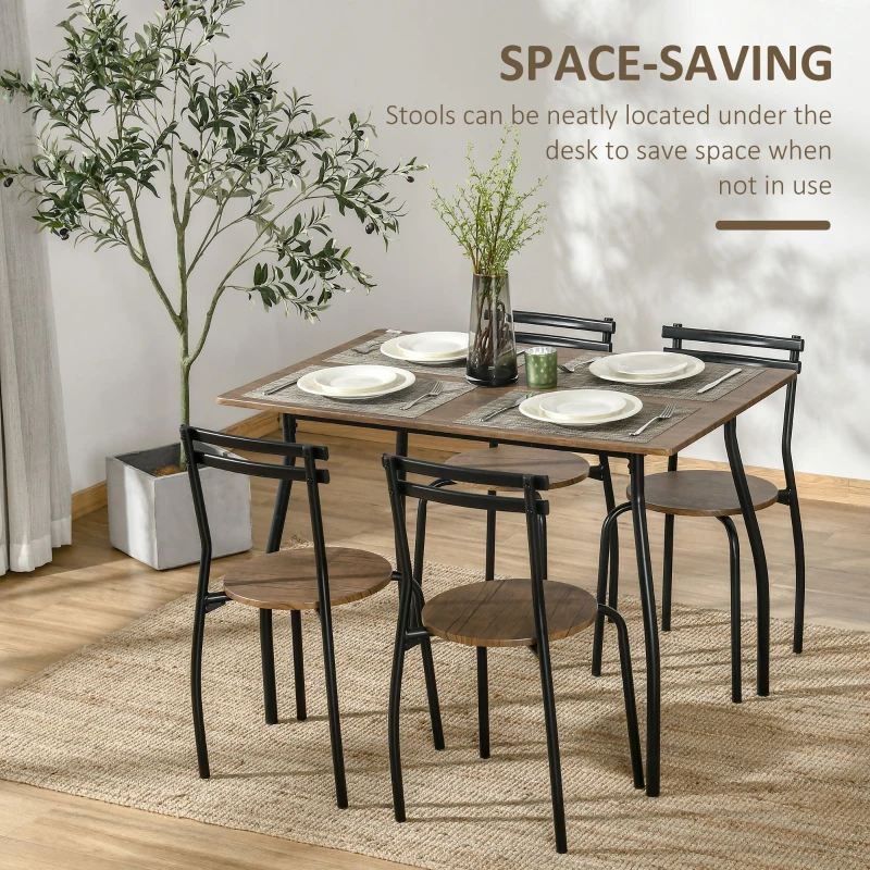 HOMCOM Industrial Dining Table Set for 4, Kitchen Table with 4 Chairs Steel Frame for Small Space, Dark Walnut