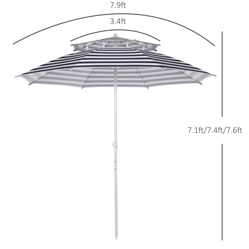 Outsunny Arc. 8ft Beach Umbrella Double-top Canopy Adjustable Height with Carry Bag for Beach Patio Garden Outdoor Blue Stripe