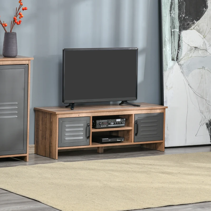 HOMCOM TV Stand Cabinet with Large Tabletop, 2 Locker Style Cupboards, 2 Storage Shelves and Elevated Base for Bedroom, Brown/Grey