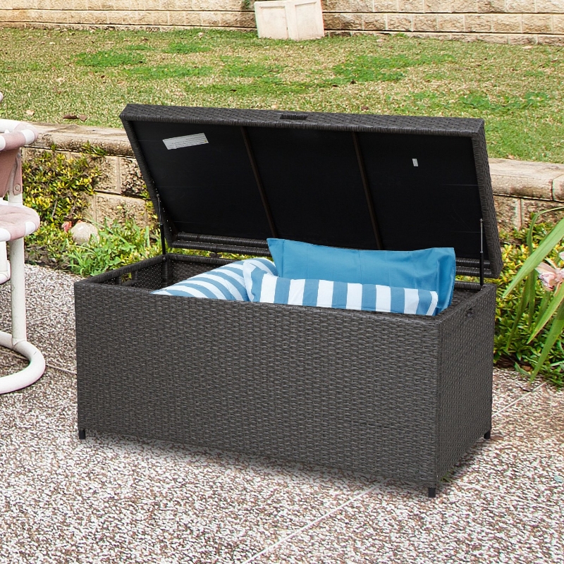 Outsunny Outdoor Storage Box Wicker Patio Deck Bin Rattan Foot Stool w/Steel Frame Large Capacity Rectangle Coffee Table w/Handle