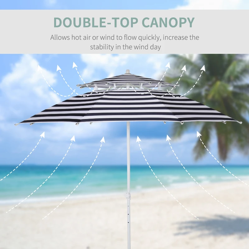 Outsunny Arc. 8ft Beach Umbrella Double-top Canopy Adjustable Height with Carry Bag for Beach Patio Garden Outdoor Blue Stripe