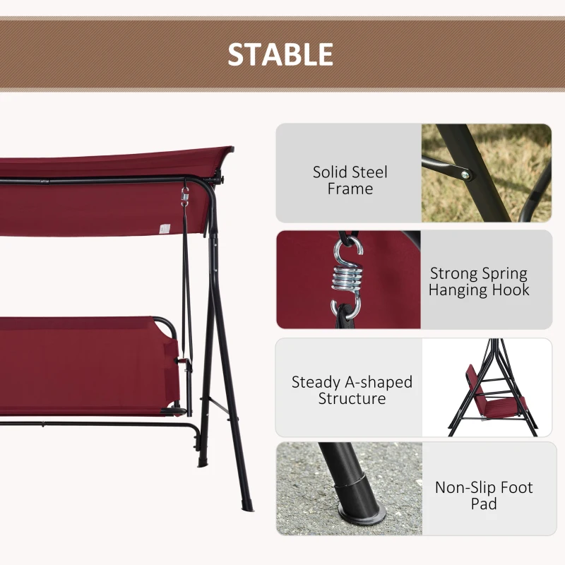 Outsunny 3-Person Porch Swing with Stand, Outdoor Swing for Patio Porch with Adjustable Tilt Canopy and Comfortable Swing Bench-Style Seat, Steel Frame, Red