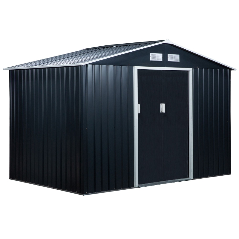 Outsunny 9' x 6' Metal Storage Shed Garden Tool House with Double Sliding Doors, 4 Air Vents for Backyard, Patio, Lawn Dark Grey