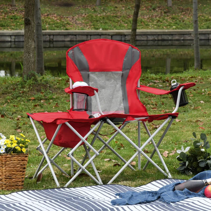 Outsunny Folding Camping Chair with Portable Insulation Table Bag, Two Cup Holders for Beach, Ice Fishing and Picnic, Red