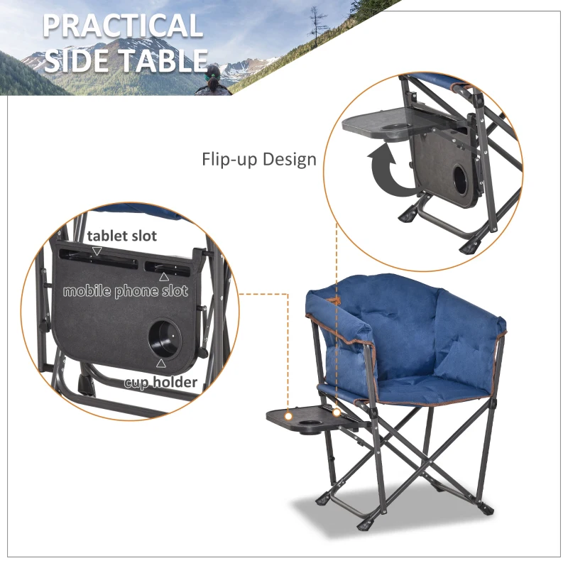 Outsunny Folding Camping Chair, Padded Director Chair with Side Table and Cup Holder, Portable for Picnic, Beach, Hiking, Travel, Blue