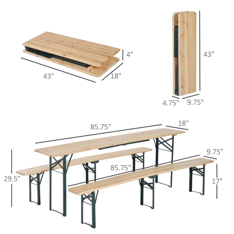 Outsunny 7' Wooden Outdoor Folding Patio Camping Picnic Table Set Large Beer Table Set with Bench and Easy Set Up for Backyard Poolside Dining Party