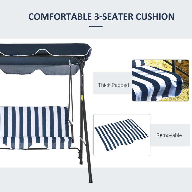 Outsunny 3-Seat Outdoor Patio Swing Chair with Removable Cushion, Steel Frame Stand and Adjustable Tilt Canopy for Patio, Garden, Poolside, Balcony, Backyard, Dark Blue and White