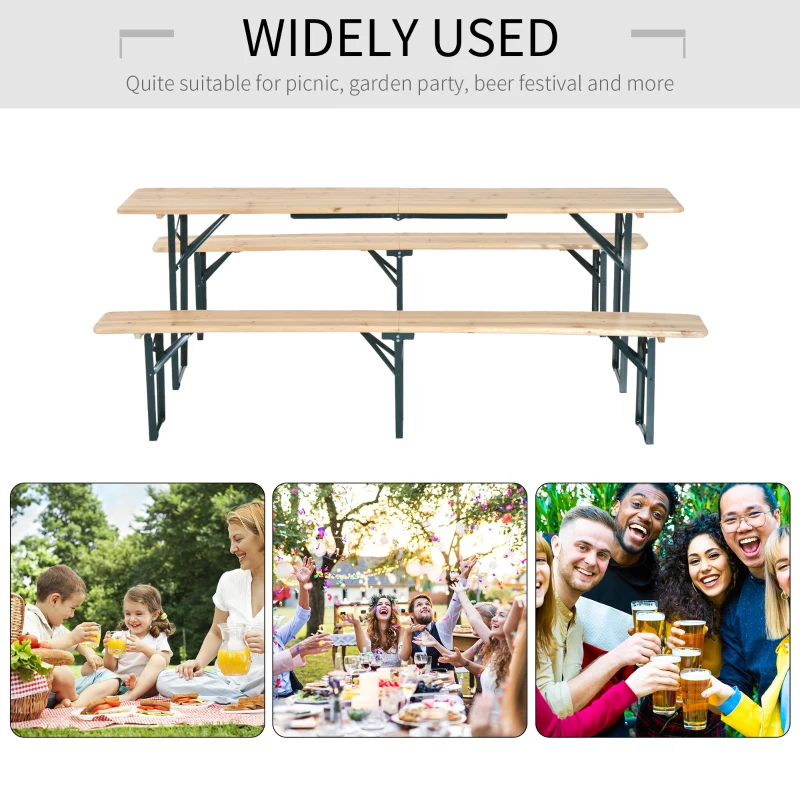 Outsunny 7' Wooden Outdoor Folding Patio Camping Picnic Table Set Large Beer Table Set with Bench and Easy Set Up for Backyard Poolside Dining Party
