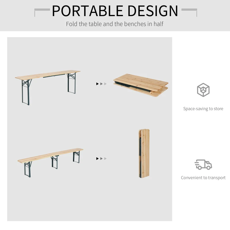 Outsunny 7' Wooden Outdoor Folding Patio Camping Picnic Table Set Large Beer Table Set with Bench and Easy Set Up for Backyard Poolside Dining Party