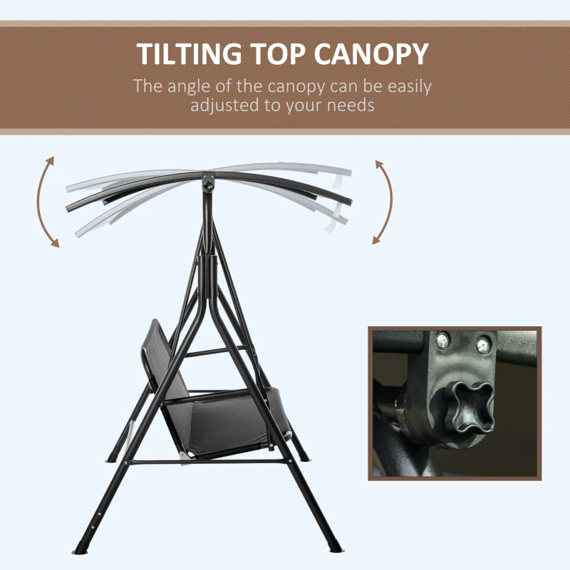 Outsunny 3-Person Porch Swing with Stand, Outdoor Swing for Patio Porch with Adjustable Tilt Canopy and Comfortable Swing Bench-Style Seat, Steel Frame, Black