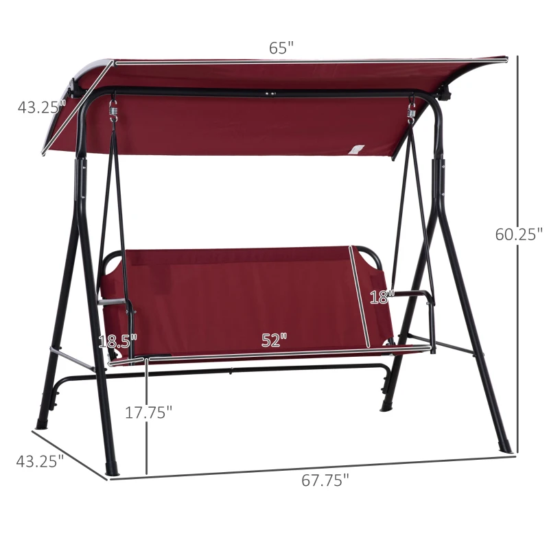 Outsunny 3-Person Porch Swing with Stand, Outdoor Swing for Patio Porch with Adjustable Tilt Canopy and Comfortable Swing Bench-Style Seat, Steel Frame, Red