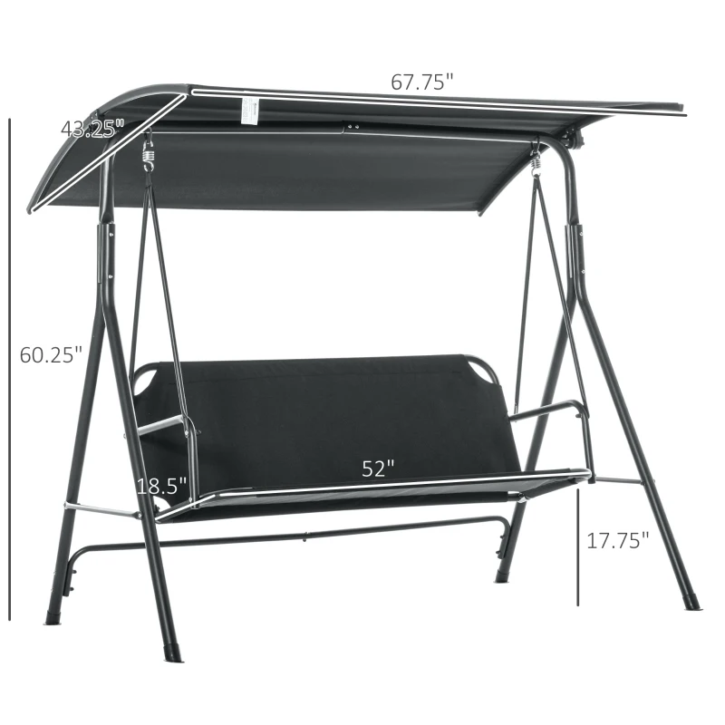 Outsunny 3-Person Porch Swing with Stand, Outdoor Swing for Patio Porch with Adjustable Tilt Canopy and Comfortable Swing Bench-Style Seat, Steel Frame, Black