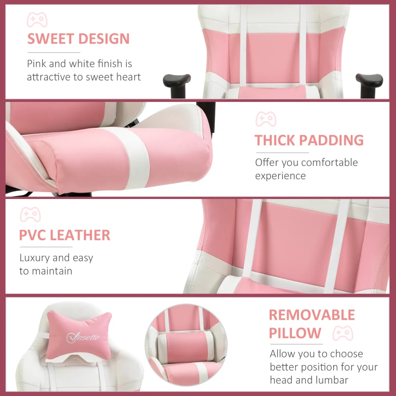 Vinsetto Office Chair Racing Gaming Chair Faux Leather Adjustable Height Recliner with Wheels, Headrest, Lumbar Support for Girls Gift, Pink and White