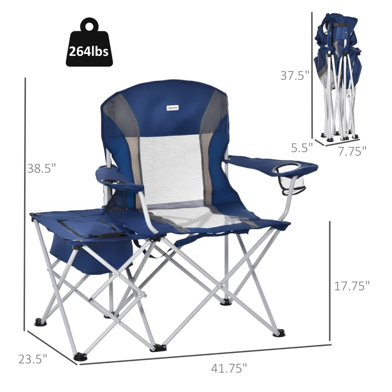 Outsunny Folding Camping Chair with Portable Insulation Table Bag, Two Cup Holders for Beach, Ice Fishing and Picnic, Navy Blue