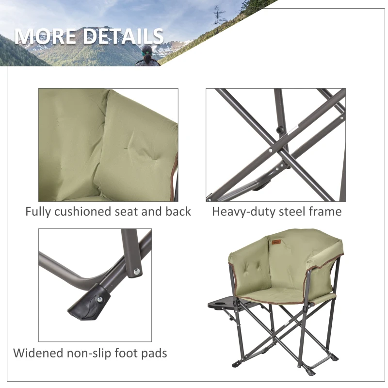Outsunny Folding Camping Chair, Padded Director Chair with Side Table and Cup Holder, Portable for Picnic, Beach, Hiking, Travel, Green