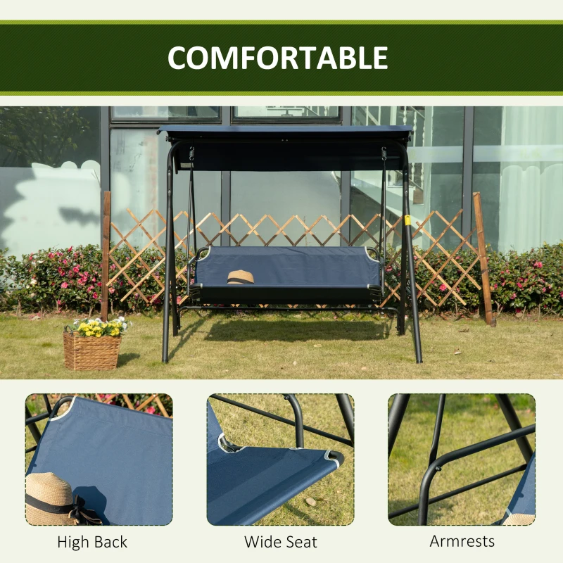 Outsunny 3-Person Porch Swing with Stand, Outdoor Swing for Patio Porch with Adjustable Tilt Canopy and Comfortable Swing Bench-Style Seat, Steel Frame, Dark Blue