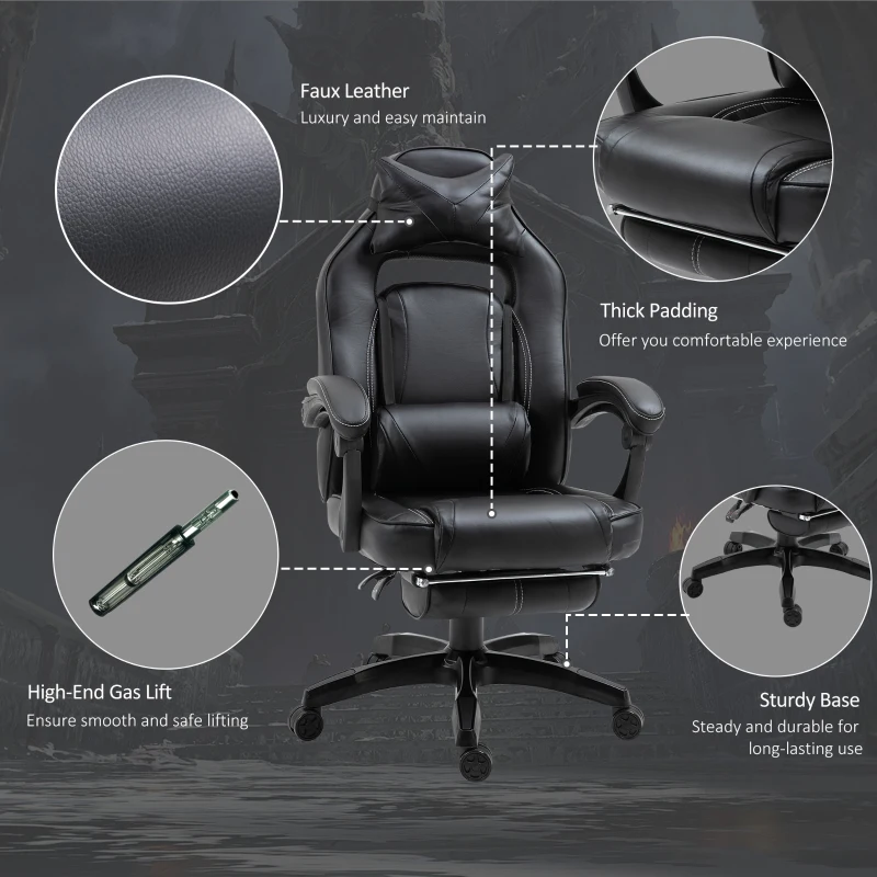 Vinsetto Gaming Office Chair with Footrest High Back Racing Chair PU Leather Executive Swivel Chair with Headrest and Lumbar Support, Black