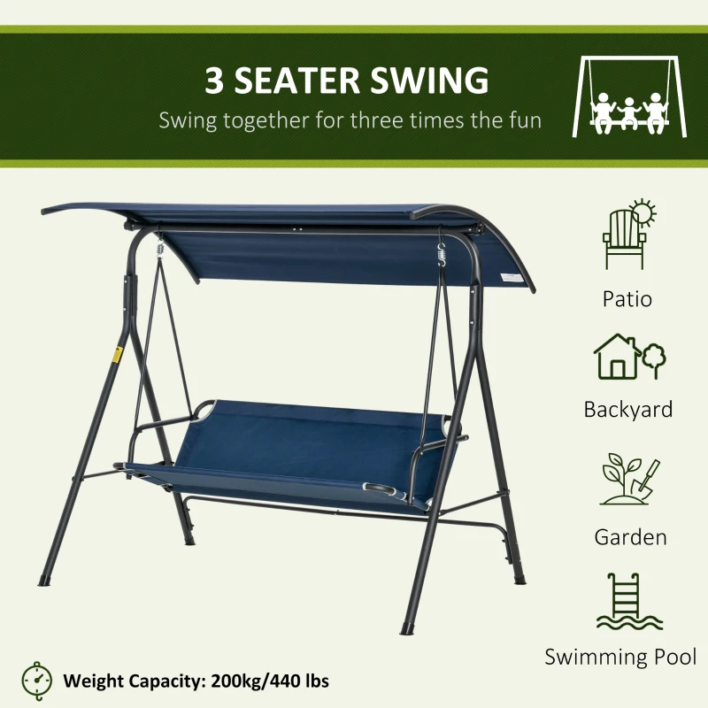 Outsunny 3-Person Porch Swing with Stand, Outdoor Swing for Patio Porch with Adjustable Tilt Canopy and Comfortable Swing Bench-Style Seat, Steel Frame, Dark Blue