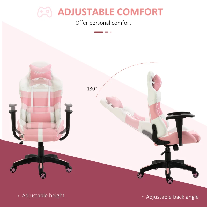 Vinsetto Office Chair Racing Gaming Chair Faux Leather Adjustable Height Recliner with Wheels, Headrest, Lumbar Support for Girls Gift, Pink and White