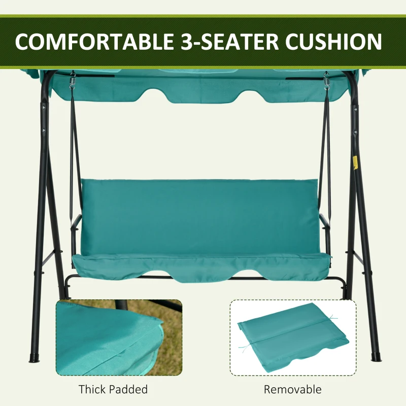 Outsunny 3-Seat Outdoor Patio Swing Chair with Removable Cushion, Steel Frame Stand and Adjustable Tilt Canopy for Patio, Garden, Poolside, Balcony, Backyard, Green