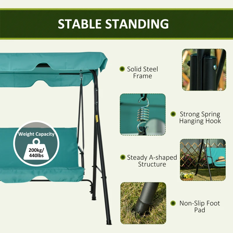Outsunny 3-Seat Outdoor Patio Swing Chair with Removable Cushion, Steel Frame Stand and Adjustable Tilt Canopy for Patio, Garden, Poolside, Balcony, Backyard, Green